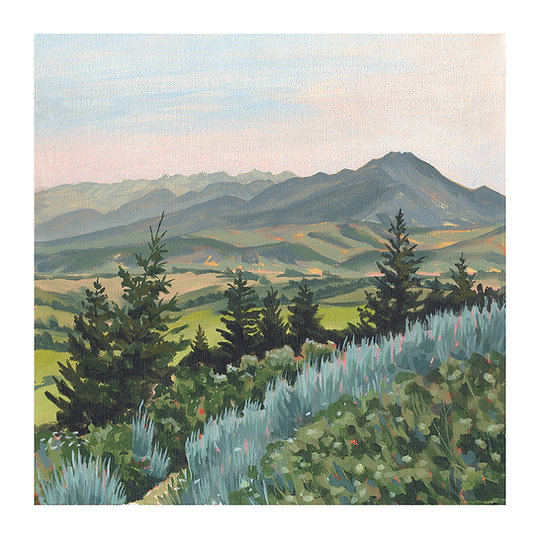 A.T. Patterson’s art print titled “View From Triple Tree” featuring a vista of trees, open fields, and mountains 