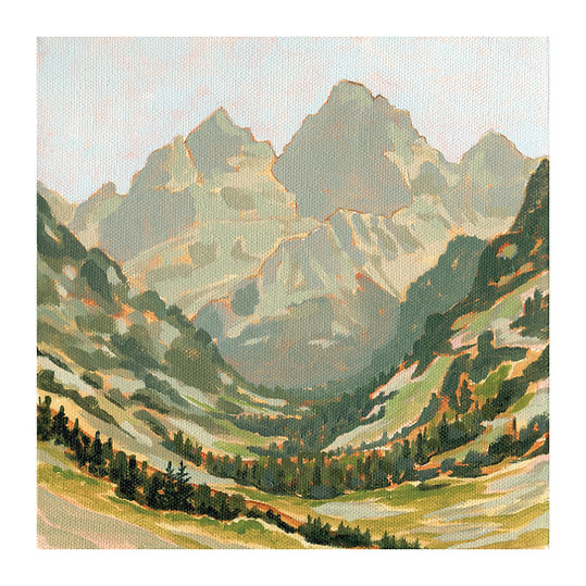 A.T. Patterson’s art print titled “Hidden Valley” featuring views of a lush green mountain valley