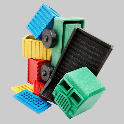 Puzzle cargo truck made up of stackable and interchangeable parts made by Luke’s Toy Factory, recycled materials, made in the USA