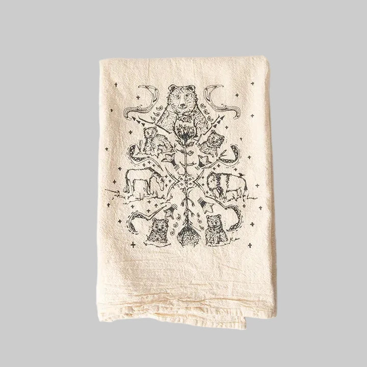 Bird and Buffalo’s cotton flour sack tea towels with screen printed animal hodgepodge design, made locally in Jackson Hole, WY