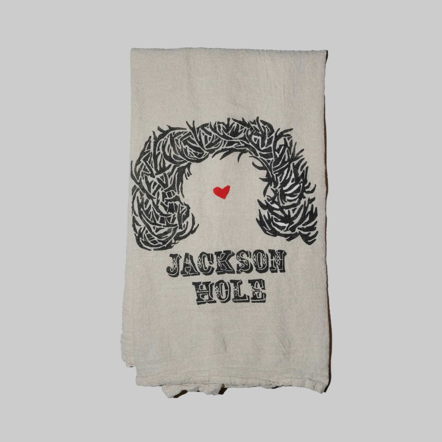 Bird and Buffalo’s cotton flour sack tea towels with screen printed antler arch design, made locally in Jackson Hole, WY