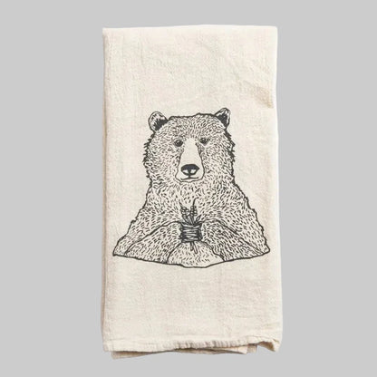 Bird and Buffalo’s cotton flour sack tea towels with screen printed bear holding flowers design, made locally in Jackson Hole, WY