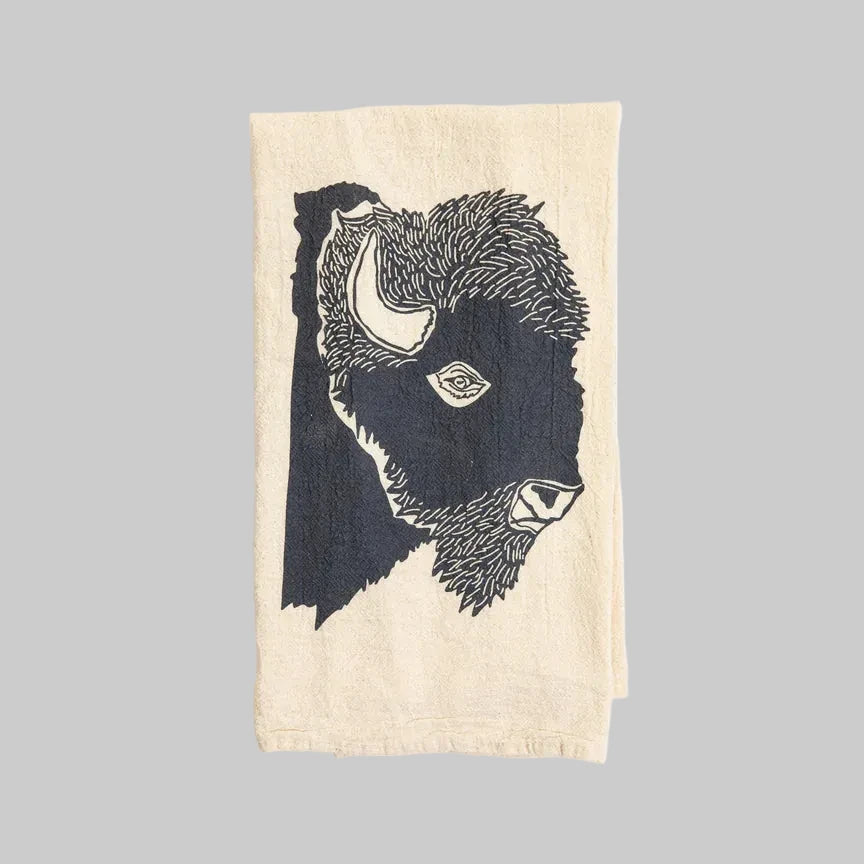 Bird and Buffalo’s cotton flour sack tea towels with screen printed bison profile design, made locally in Jackson Hole, WY