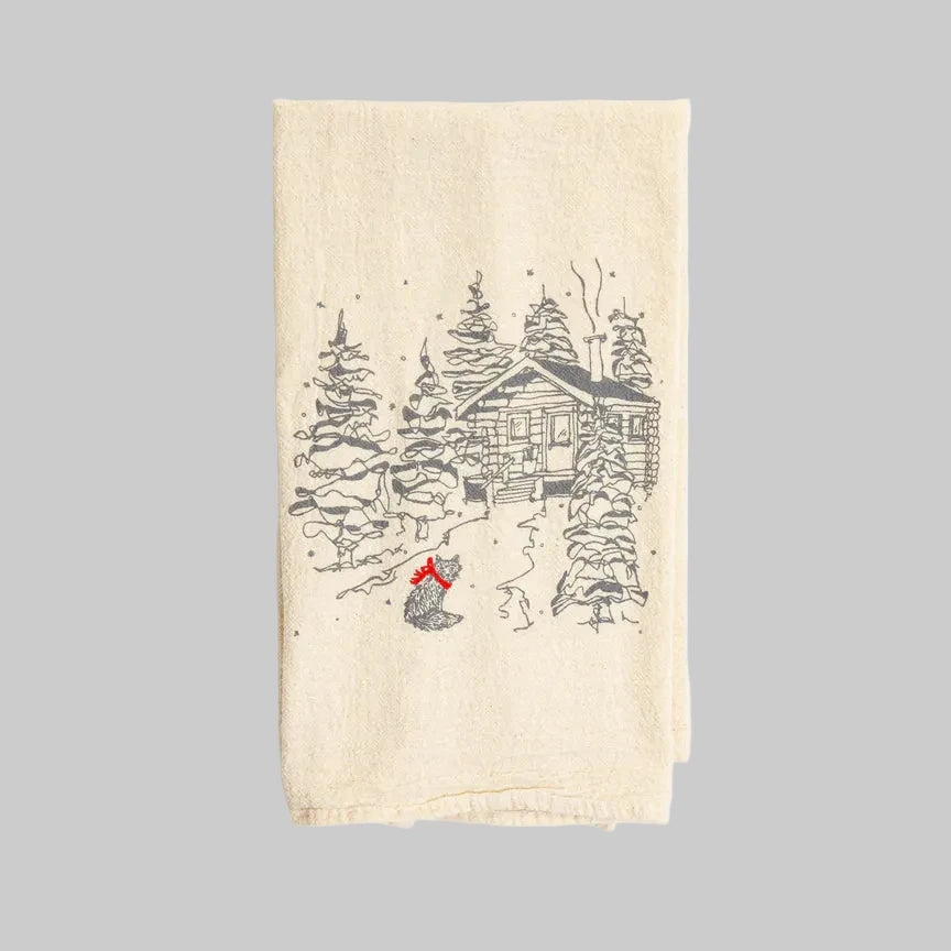 Bird and Buffalo’s cotton flour sack tea towels with screen printed snowy cabin and fox design, made locally in Jackson Hole, WY