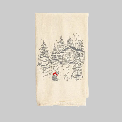 Bird and Buffalo’s cotton flour sack tea towels with screen printed snowy cabin and fox design, made locally in Jackson Hole, WY