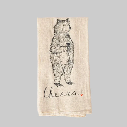 Bird and Buffalo’s cotton flour sack tea towels with screen printed bear saying “cheers” design, made locally in Jackson Hole, WY