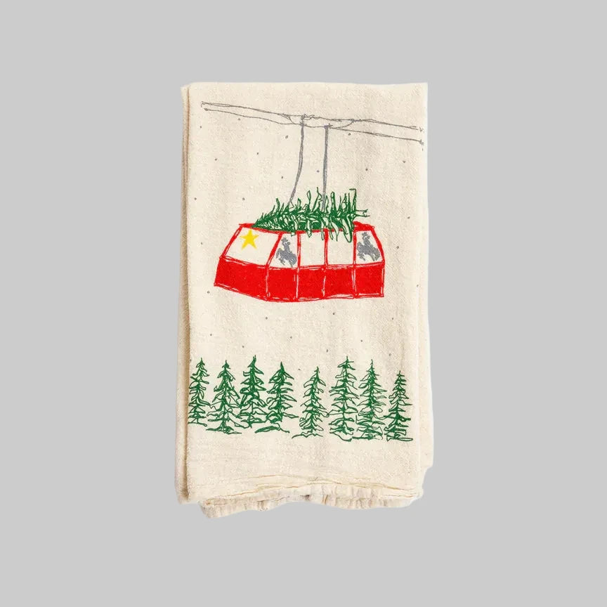 Bird and Buffalo’s cotton flour sack tea towels with screen printed ski tram design, made locally in Jackson Hole, WY