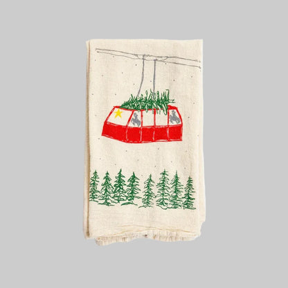 Bird and Buffalo’s cotton flour sack tea towels with screen printed ski tram design, made locally in Jackson Hole, WY