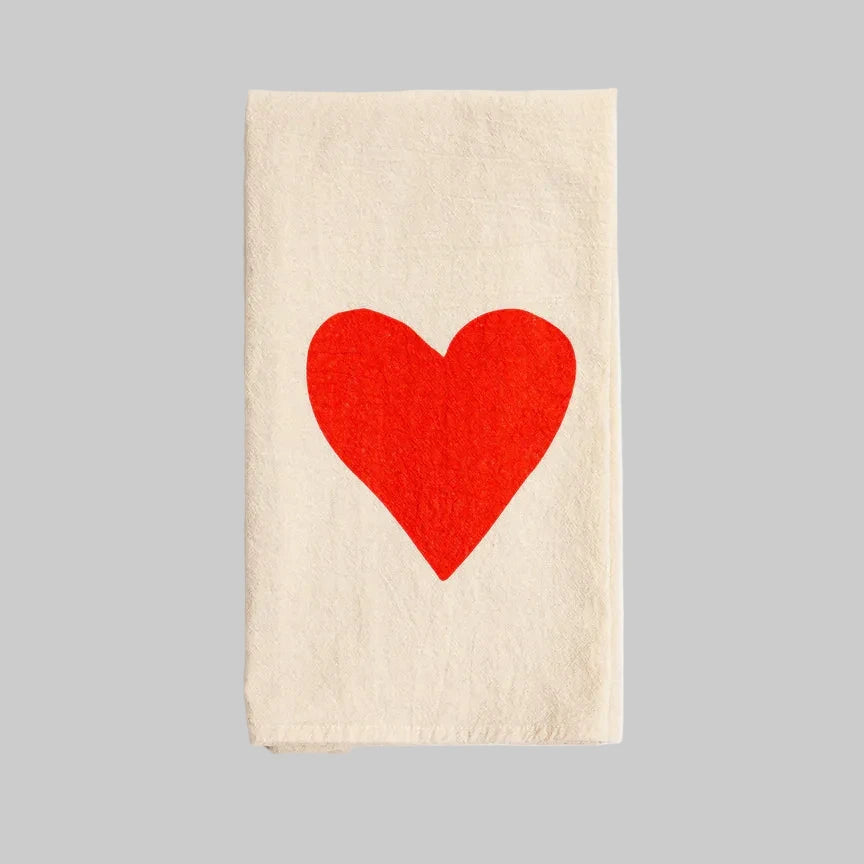 Bird and Buffalo’s cotton flour sack tea towels with screen printed red heart design, made locally in Jackson Hole, WY