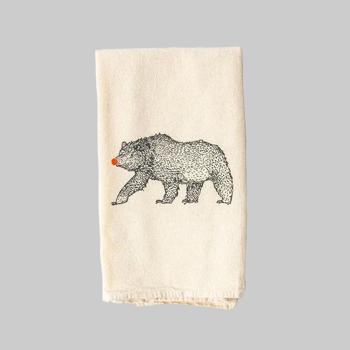 Bird and Buffalo’s cotton flour sack tea towels with screen printed red-nosed bear design, made locally in Jackson Hole, WY