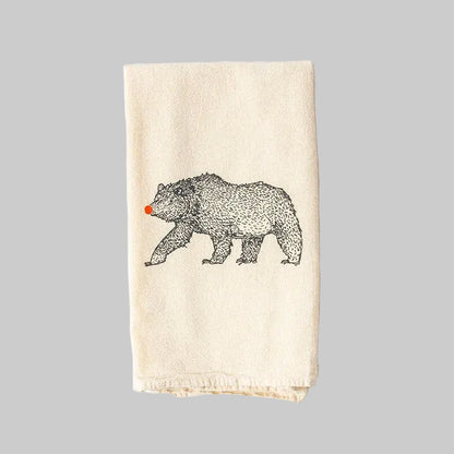 Bird and Buffalo’s cotton flour sack tea towels with screen printed red-nosed bear design, made locally in Jackson Hole, WY