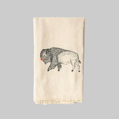 Bird and Buffalo’s cotton flour sack tea towels with screen printed red-nosed bison design, made locally in Jackson Hole, WY