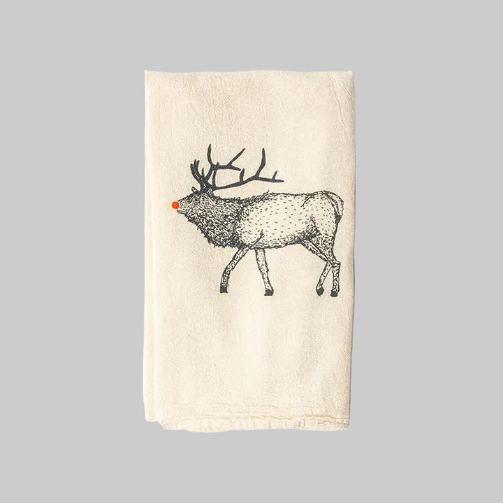 Bird and Buffalo’s cotton flour sack tea towels with screen printed red-nosed elk design, made locally in Jackson Hole, WY