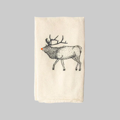 Bird and Buffalo’s cotton flour sack tea towels with screen printed red-nosed elk design, made locally in Jackson Hole, WY