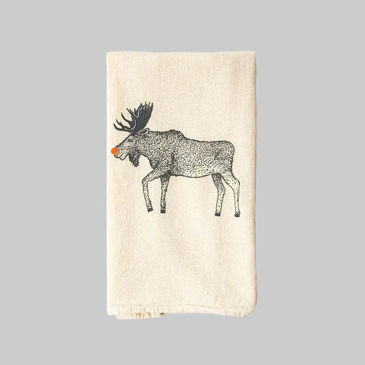 Bird and Buffalo’s cotton flour sack tea towels with screen printed red-nosed moose design, made locally in Jackson Hole, WY