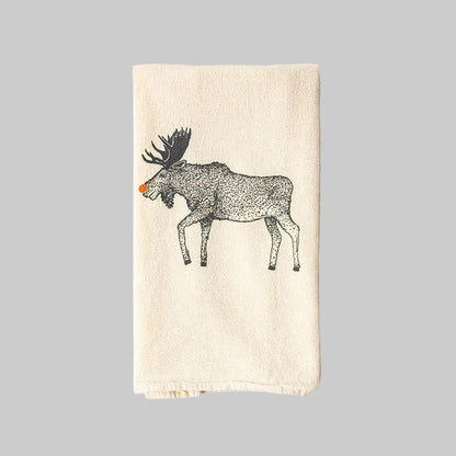 Bird and Buffalo’s cotton flour sack tea towels with screen printed red-nosed moose design, made locally in Jackson Hole, WY