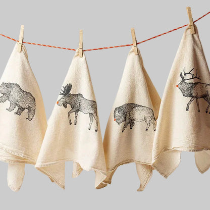 Bird and Buffalo’s cotton flour sack tea towels with screen printed red-nosed animal designs, made locally in Jackson Hole, WY