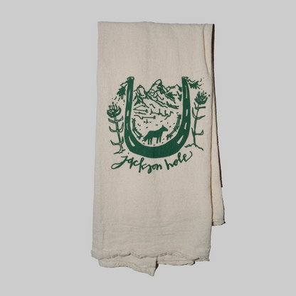 Bird and Buffalo’s cotton flour sack tea towels with screen printed horseshoe and mountain scenery design, made locally in Jackson Hole, WY