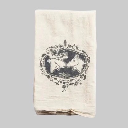 Bird and Buffalo’s cotton flour sack tea towels with screen printed moose kissing design, made locally in Jackson Hole, WY