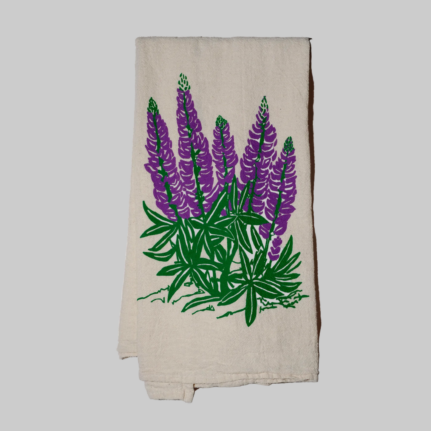 Bird and Buffalo’s cotton flour sack tea towels with screen printed lupine flowers design, made locally in Jackson Hole, WY