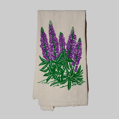 Bird and Buffalo’s cotton flour sack tea towels with screen printed lupine flowers design, made locally in Jackson Hole, WY
