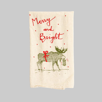 Bird and Buffalo’s cotton flour sack tea towels with screen printed holiday moose design, made locally in Jackson Hole, WY