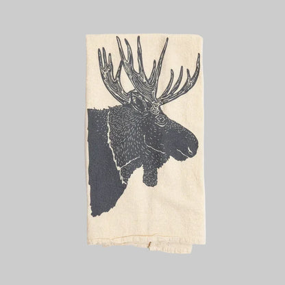 Bird and Buffalo’s cotton flour sack tea towels with screen printed moose profile design, made locally in Jackson Hole, WY