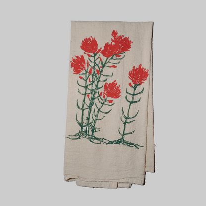 Bird and Buffalo’s cotton flour sack tea towels with screen printed indian paintbrush flowers design, made locally in Jackson Hole, WY