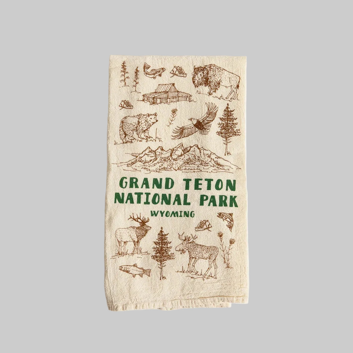 Bird and Buffalo’s cotton flour sack tea towels with screen printed Grand Teton National Park design, made locally in Jackson Hole, WY