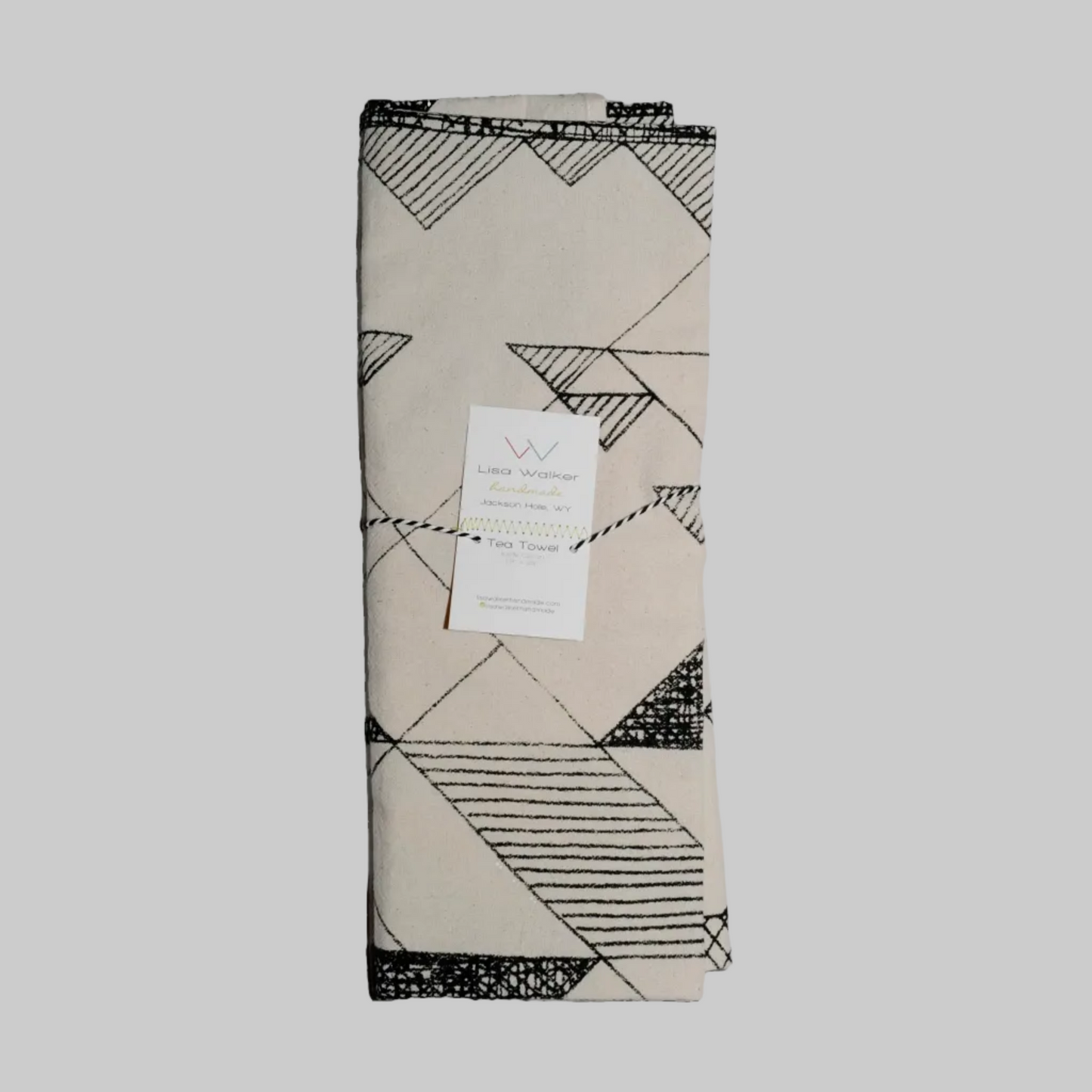 Lisa Walker’s cotton flour sack tea towel with screen printed geometric mountain designs, made locally in Jackson Hole, WY