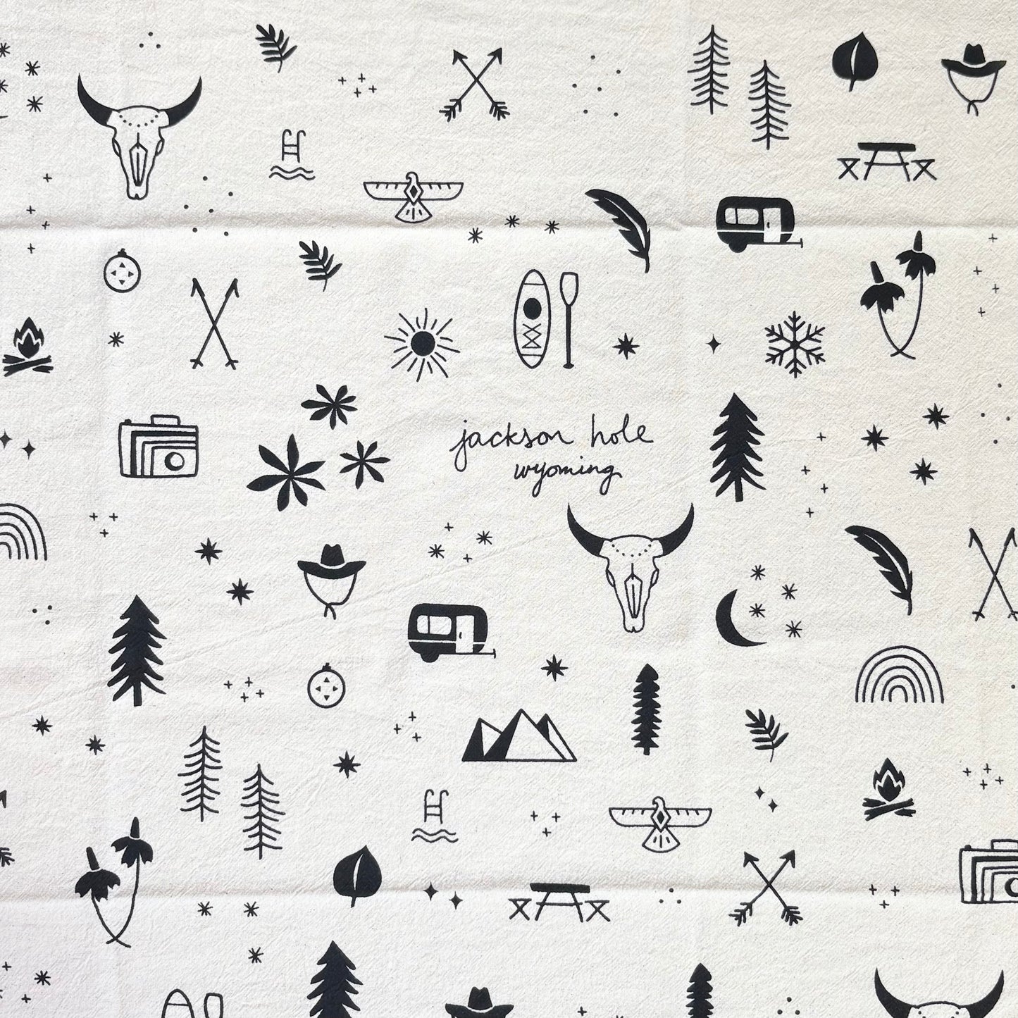 Lisa Walker’s cotton flour sack tea towel with screen printed designs inspired by the west, made locally in Jackson Hole, WY