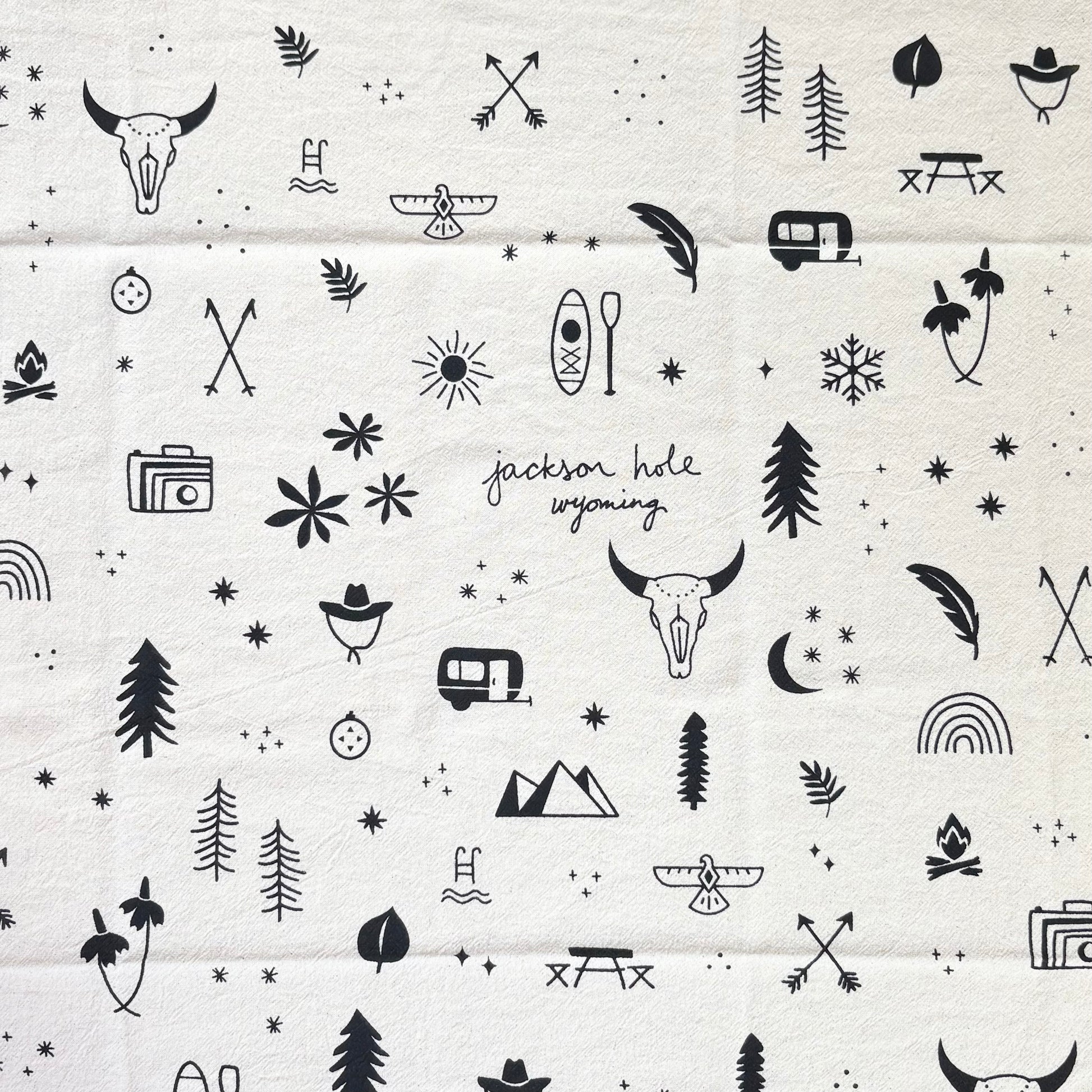 Lisa Walker’s cotton flour sack tea towel with screen printed designs inspired by the west, made locally in Jackson Hole, WY