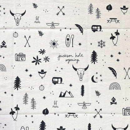 Lisa Walker’s cotton flour sack tea towel with screen printed designs inspired by the west, made locally in Jackson Hole, WY