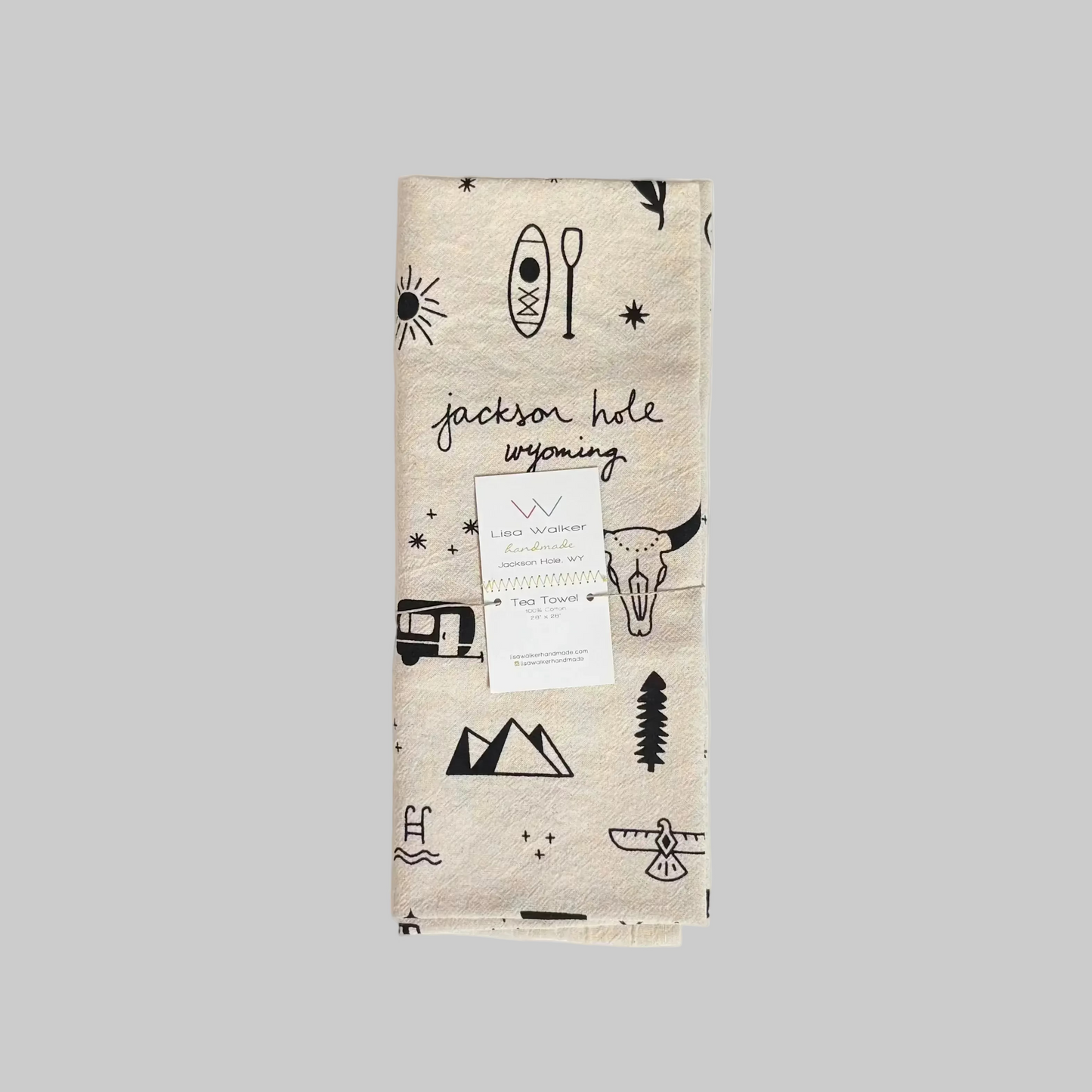 Lisa Walker’s cotton flour sack tea towel with screen printed designs inspired by the west, made locally in Jackson Hole, WY
