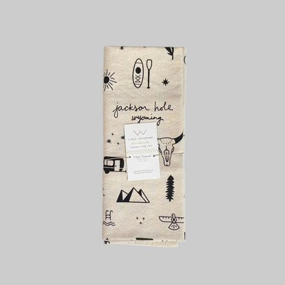 Lisa Walker’s cotton flour sack tea towel with screen printed designs inspired by the west, made locally in Jackson Hole, WY