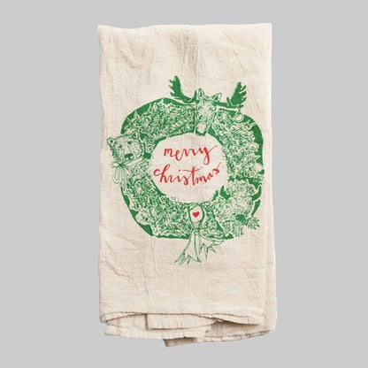 Bird and Buffalo’s cotton flour sack tea towels with screen printed holiday wreath design, made locally in Jackson Hole, WY