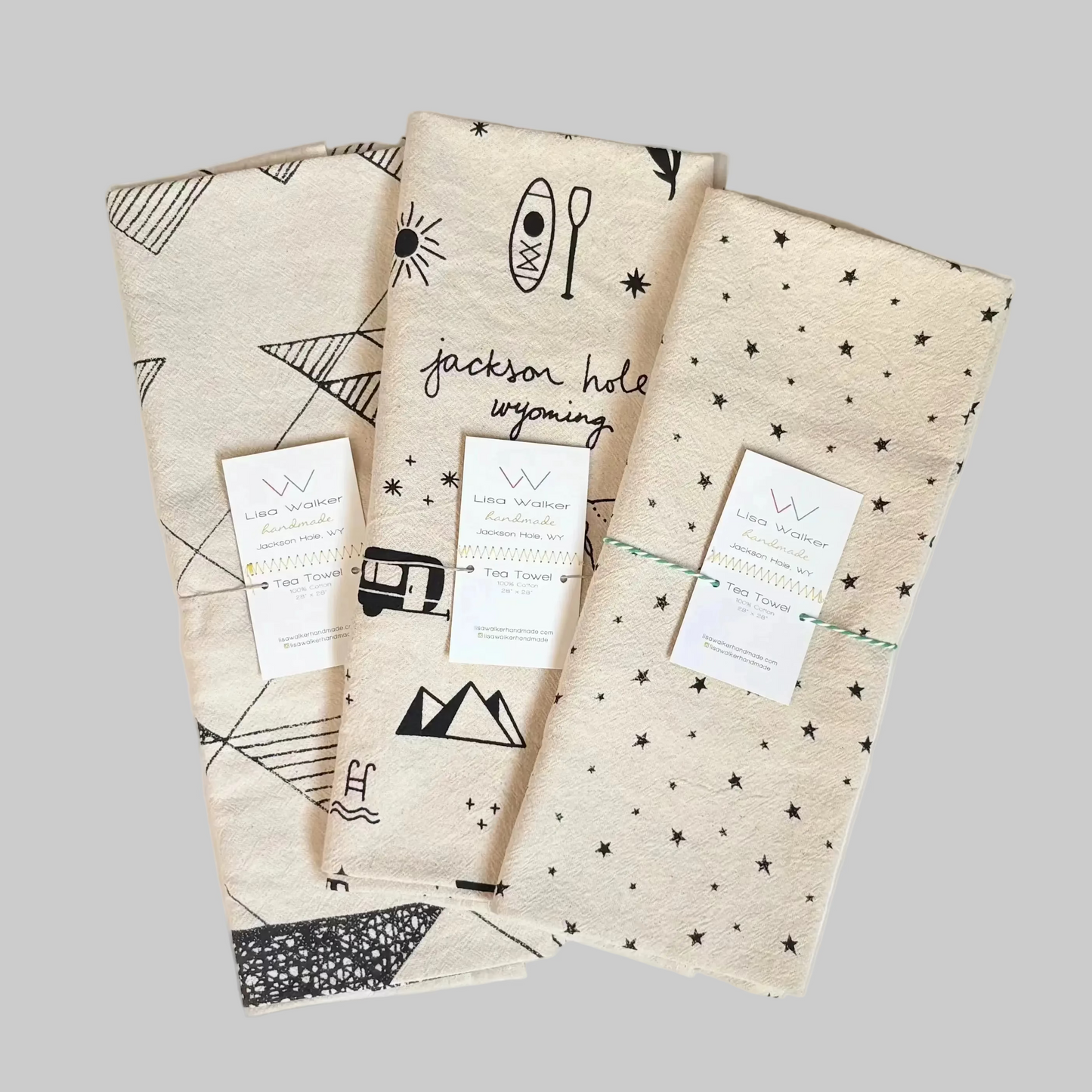 Lisa Walker’s cotton flour sack tea towels with screen printed designs, made locally in Jackson Hole, WY