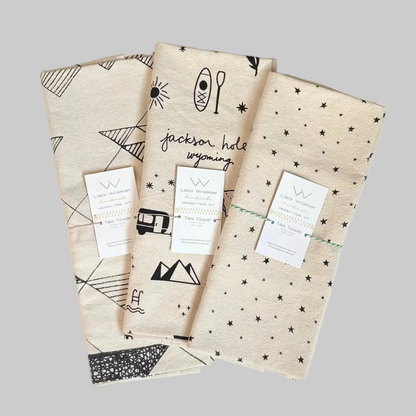 Lisa Walker’s cotton flour sack tea towels with screen printed designs, made locally in Jackson Hole, WY