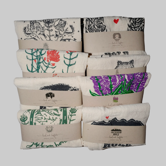 Bird and Buffalo’s cotton flour sack tea towels with screen printed designs, made locally in Jackson Hole, WY